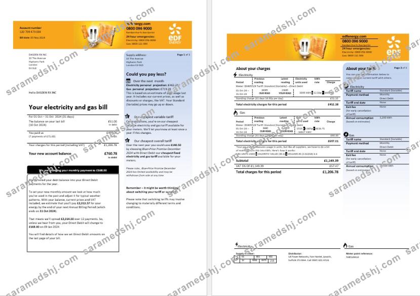 United Kingdom EDF business utility bill template in Word and PDF formats, 3 pages